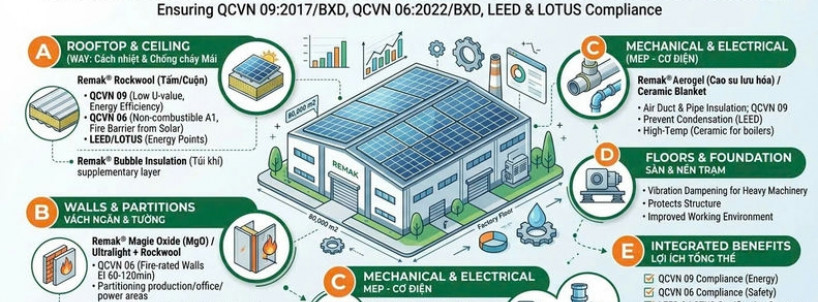 Giải pháp tổng thể cho nhà xưởng điện mặt trời mái nhà: Cách nhiệt – chống cháy – tiết kiệm năng lượng